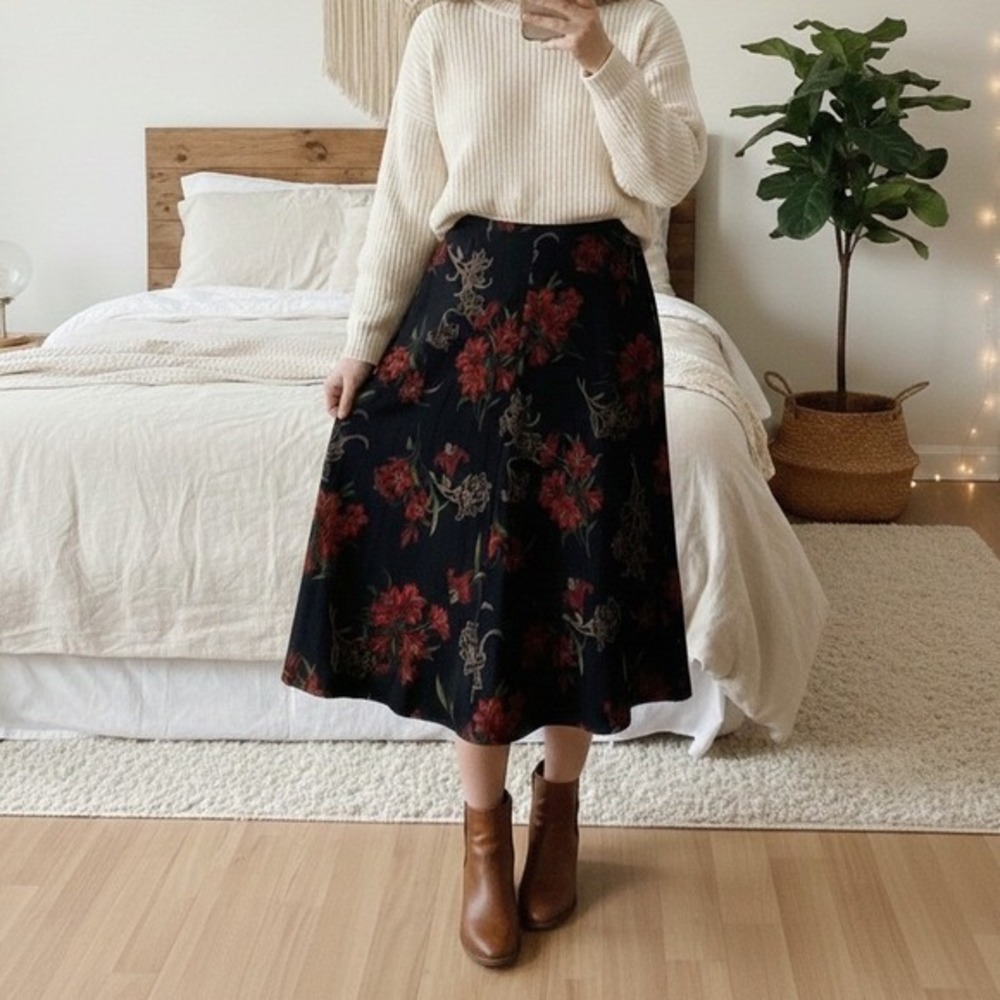 Vintage R&K Originals Womens Floral Midi Skirt Size 12 Black Romantic 90s Gothic